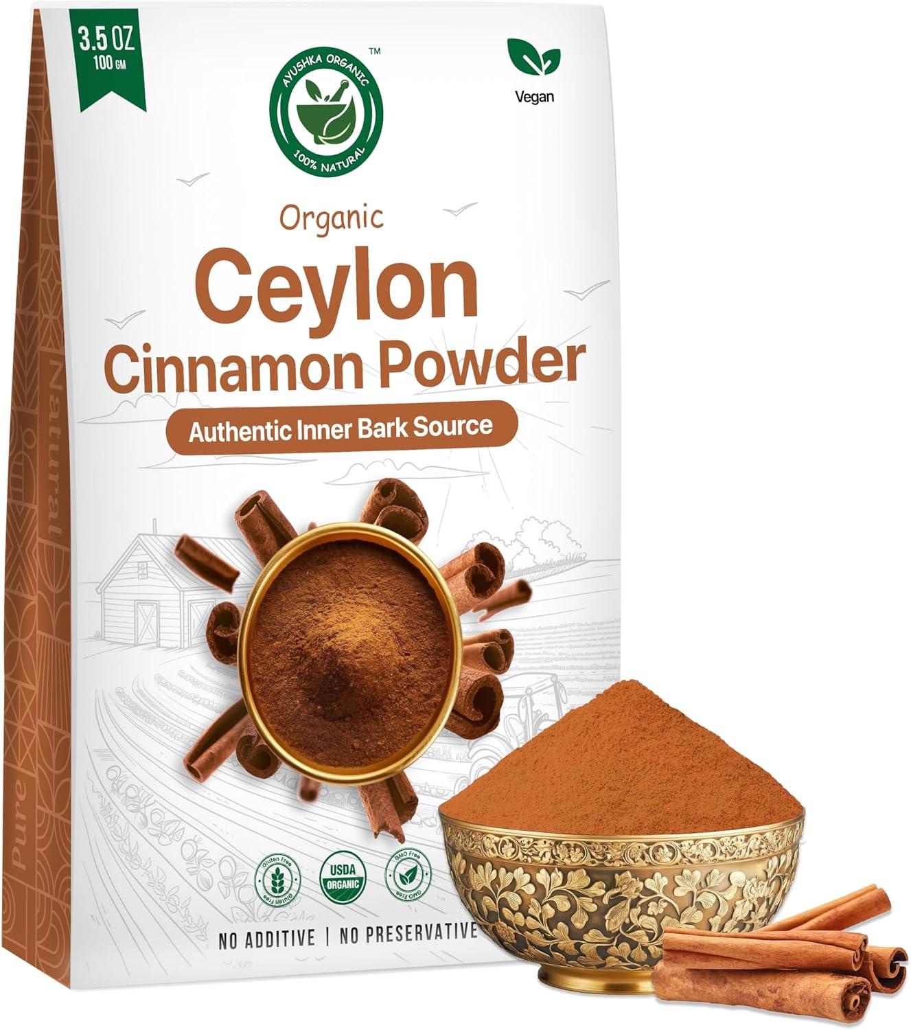 AYUSHKA ORGANIC Ceylon Cinnamon Powder, USDA Organic Ground Cinnamon, 3.5 OZ (100 GM)