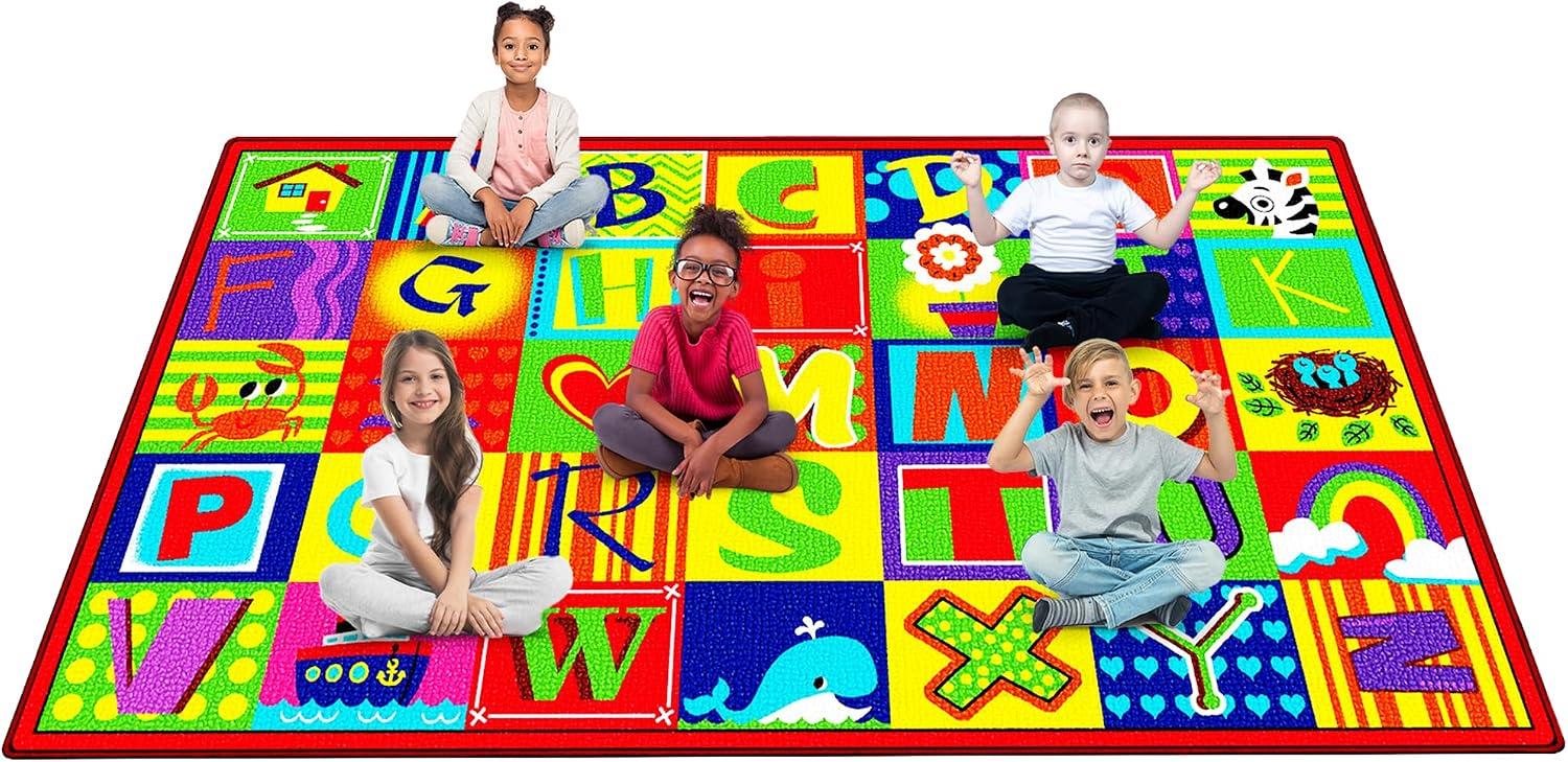 ABCarpet Classroom Rug - 7'6" x 13'1" Large Alphabet Carpet with 24 Seating Spots, Washable ABC Rug for Preschool, Kindergarten, Daycare, Elementary School, Nursery Decor