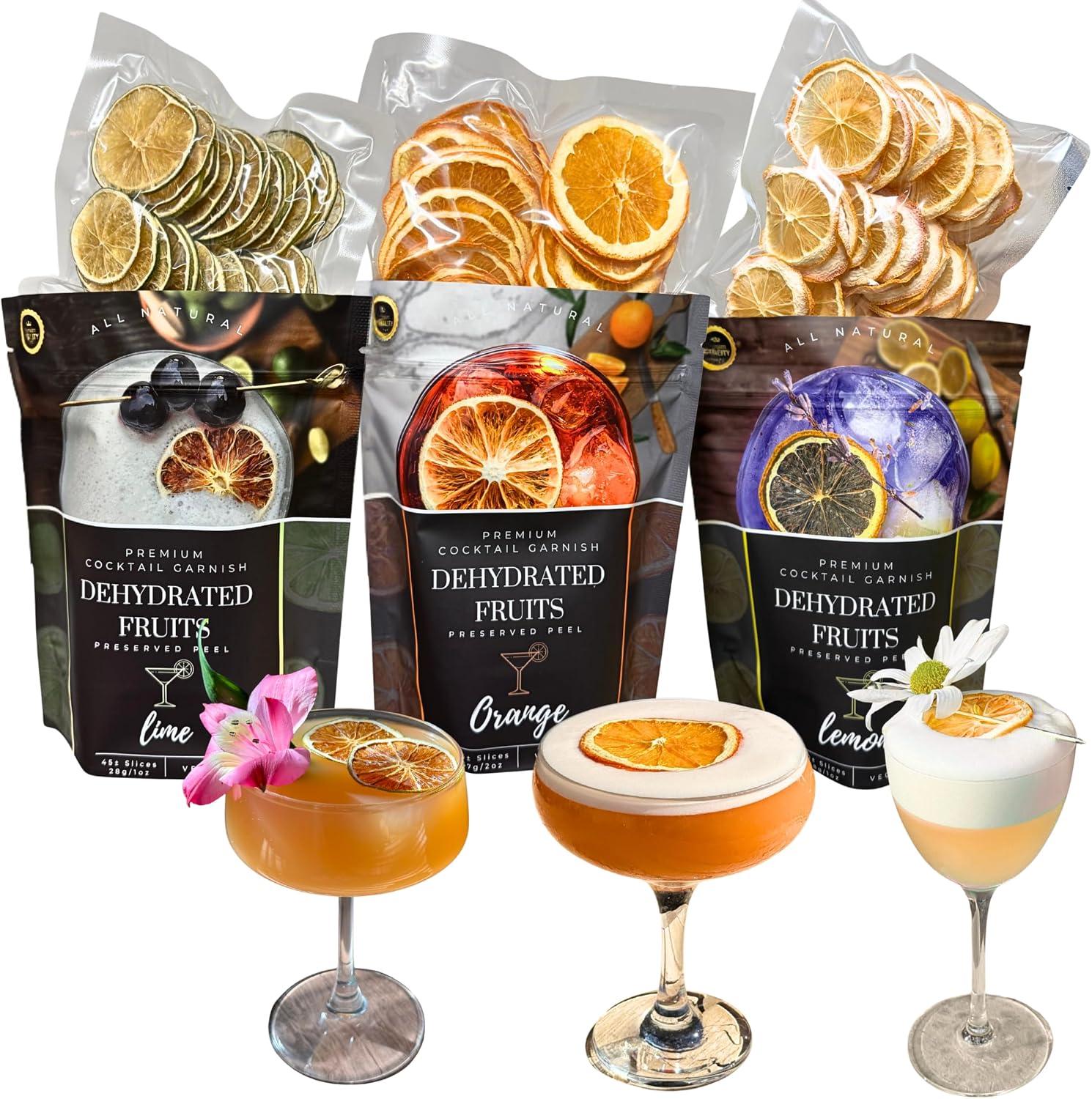 Dried Citrus Slices ⎮ 3 PACK Dehydrated Fruits⎮PREMIUM COCKTAIL GARNISHES 120± Slices⎮ LIME - LEMON -ORANGE ⎮ Preserved Peel - Bars & restaurants supply - Home Bar - cocktail acces