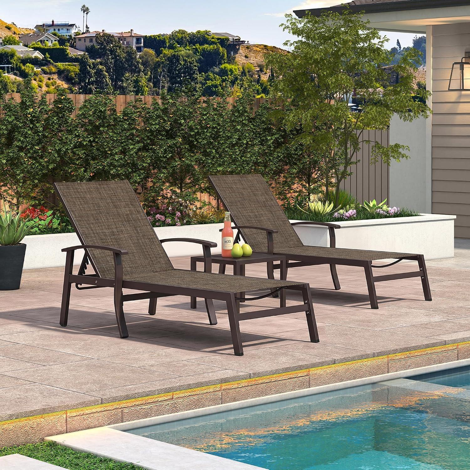 PURPLE LEAF Patio Chaise Lounge Chair Set of 3 Outdoor Bronze Frame, Brown