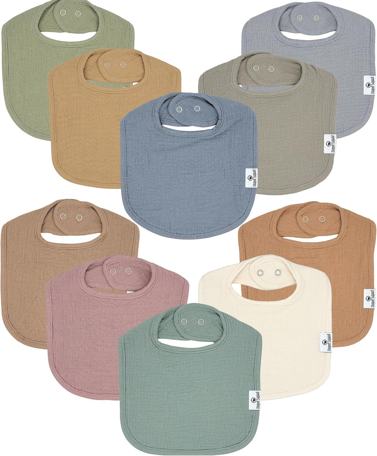 Diaper Squad 10-Pack Organic Muslin Cotton Baby Bibs for Baby Boy, Girl