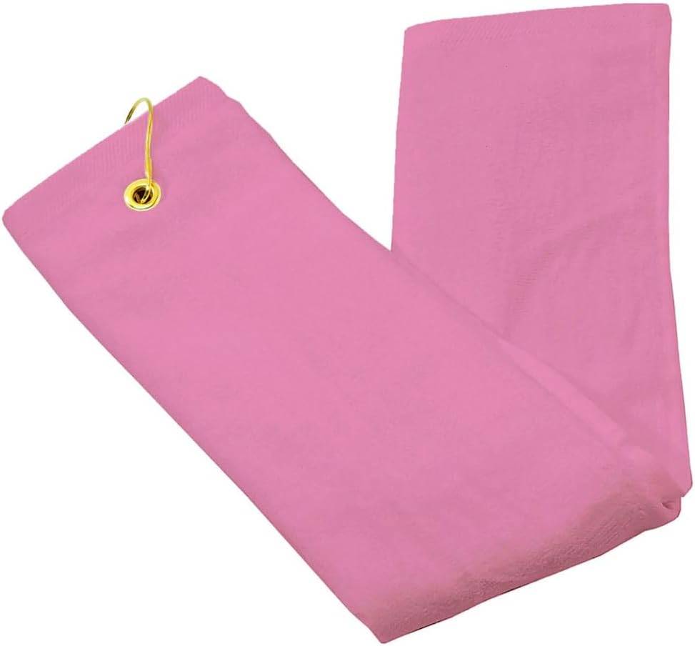 Tri‑Fold Golf Towel 16x26 Cotton Velour with Brass Grommet & Hook — Embroidery‑Ready — Baby Pink — Attaches to Golf Bag.