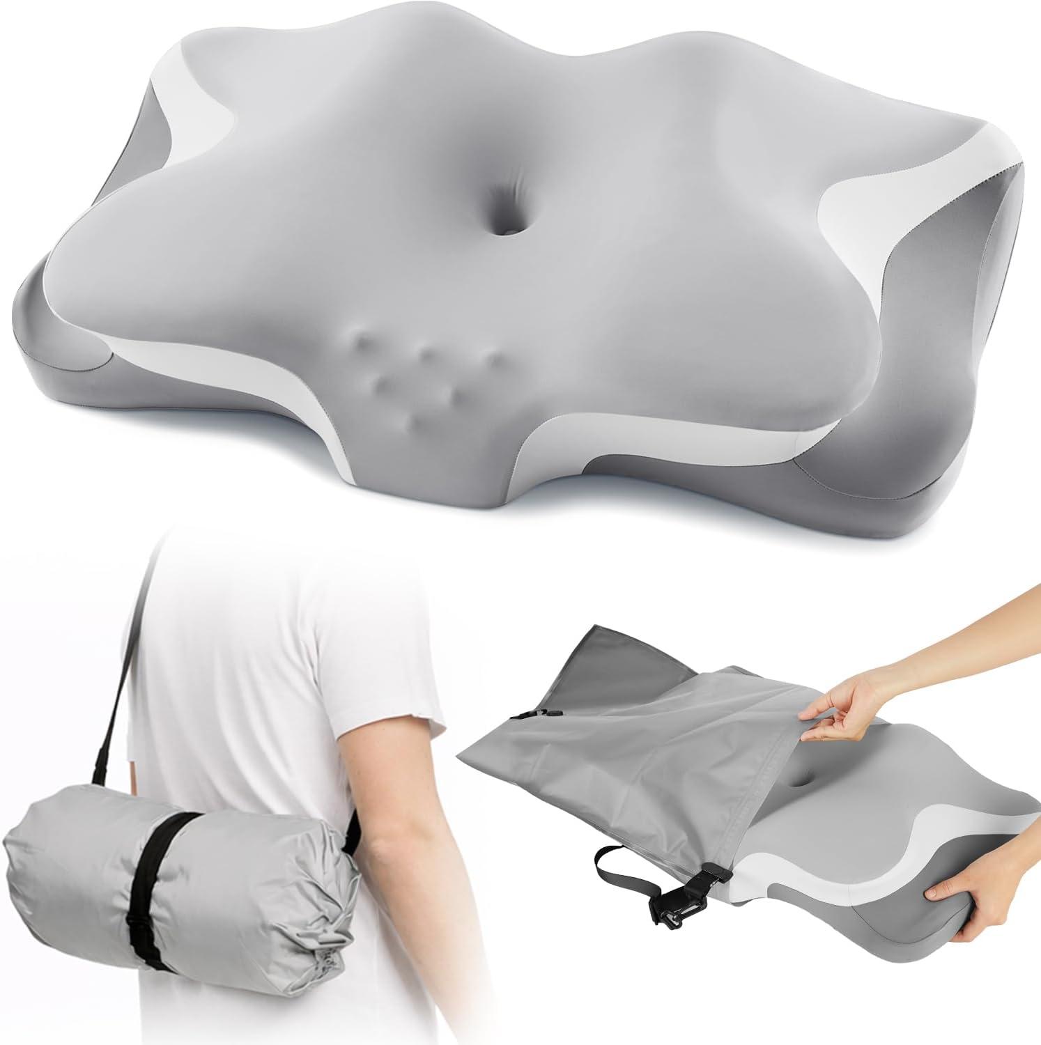 Safotad Camping Pillow with Hand-Rolled Vacuum Bag, Cooling Cervical Pillow for Sleeping, Ergonomic Memory Foam Pillows for Indoor & Outdoor,Portable Neck Support Pillow for Side B