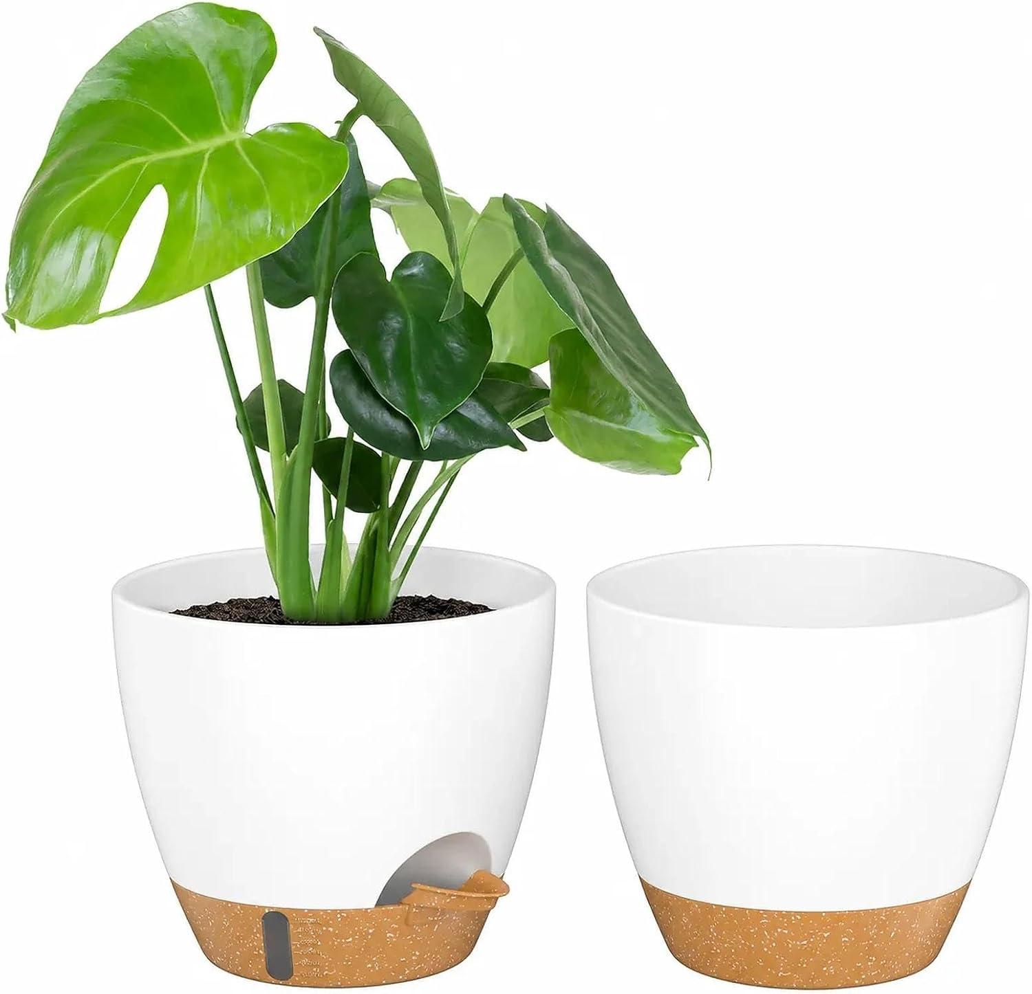 ZMTECH 10 Inch Plant Pots Set of 2 Planters for Indoor Plants Self Watering Pots Flower Pots with Drainage Holes and Saucer for Outdoor Plants(White with Brown)