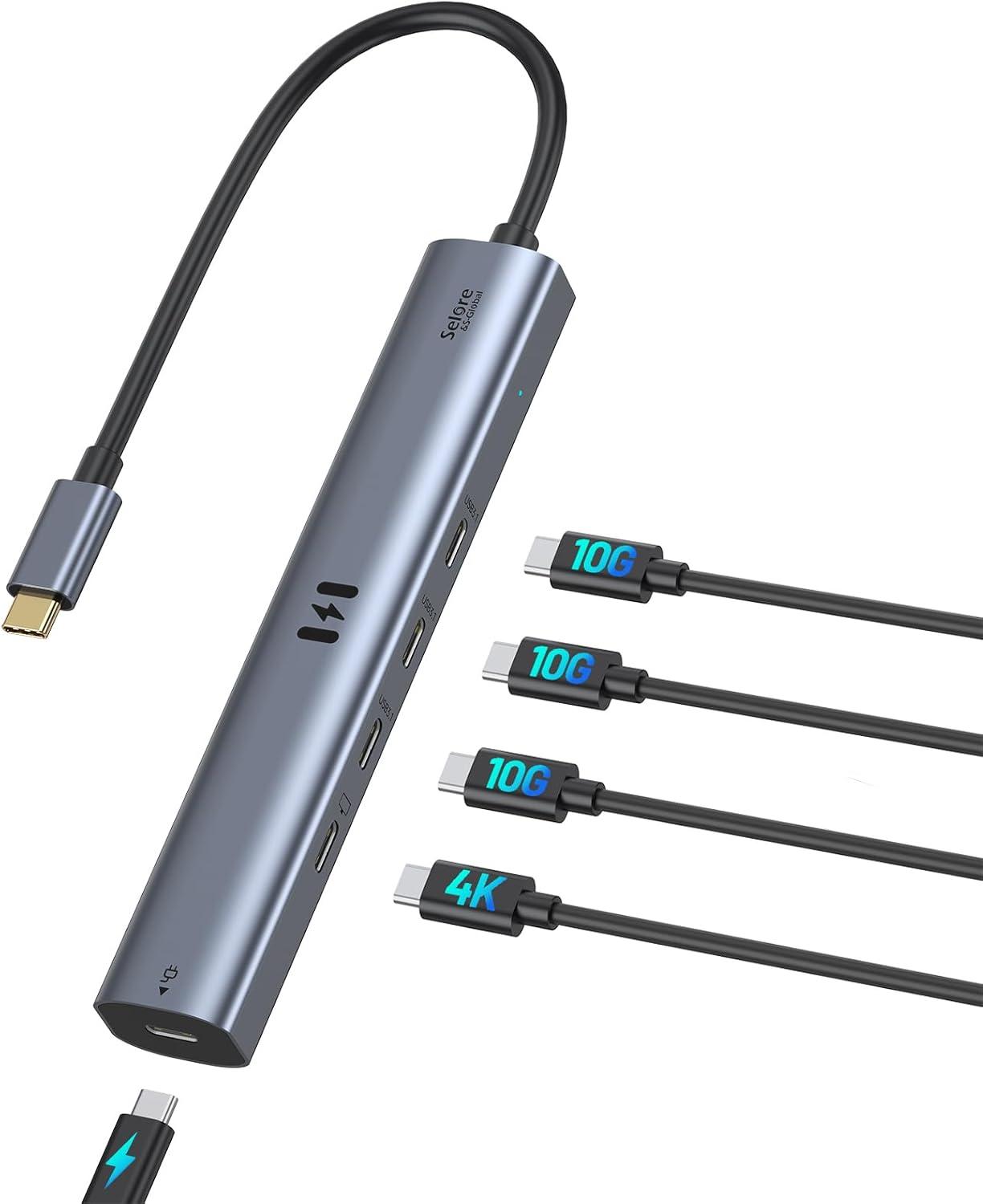 10Gbps USB C Hub with 4K@60Hz Video Display, Selore 5 Ports USB-C Splitter, C Port Data Transfer, 100W PD-in Charging, Dongle Multiport Adapter for MacBook Pro, iPad, Dell, HP, and