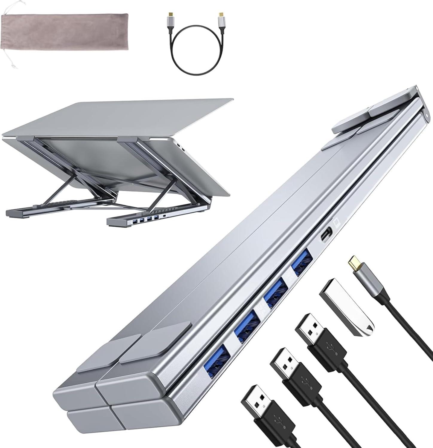 Umaniy M61 USB C to USB Hub Portable Laptop Stand, Aluminum 4 Ports USB3.0 Multiport Adapter Adjustable Laptop Docking Station Stand Compatible with MacBook Pro/Air, Chromebook, Ke