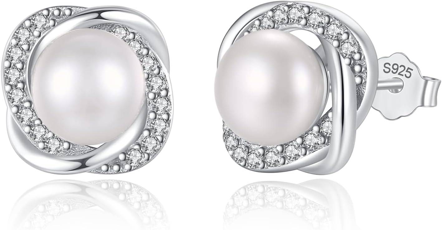 Pearl Earrings for Women Freshwater Cultured Pearl Stud Earrings 925 Sterling Silver Cubic Zirconia Stud Earrings for Mother Her (Silver)