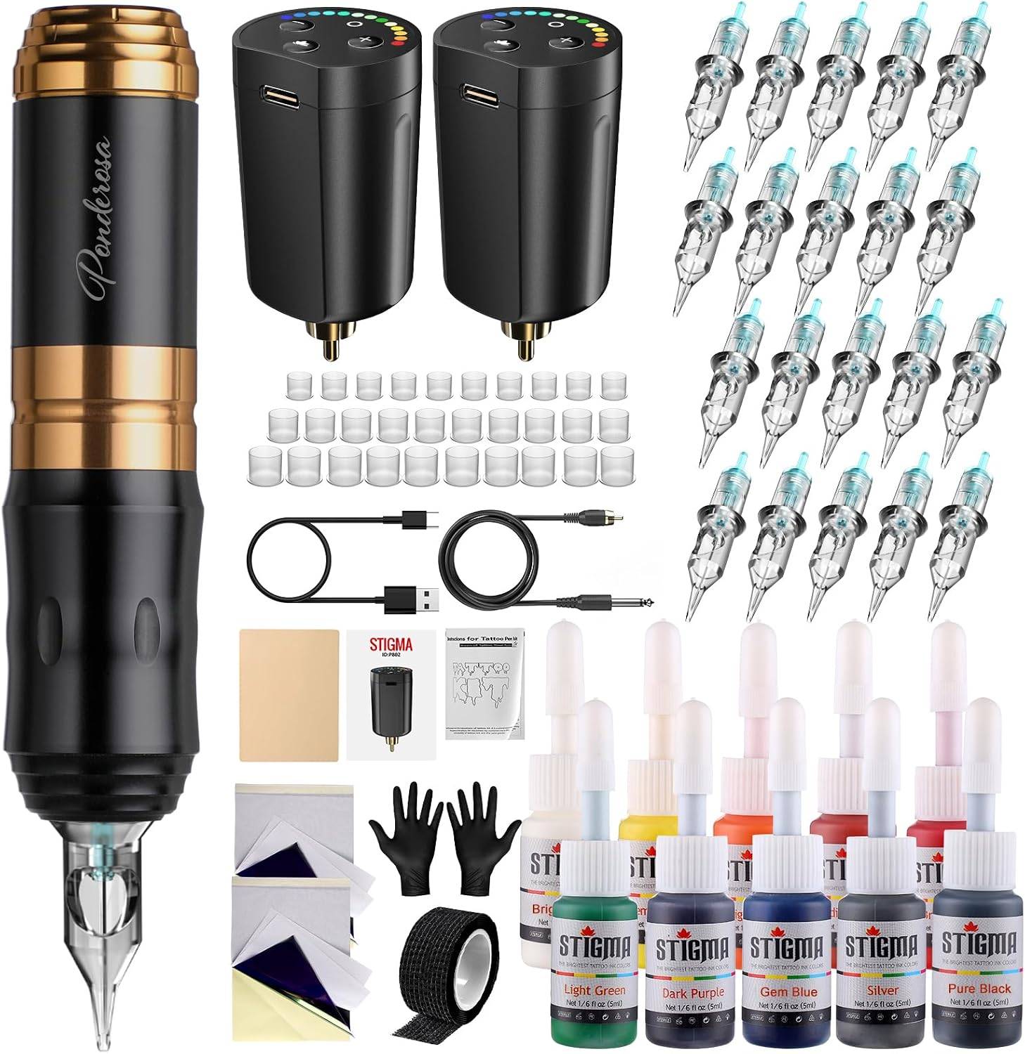 STIGMA Wireless Tattoo Gun Kit Complete Set, Tattoo Pen with 2 Batteries, 20 Cartridge Needles, 10-Color Ink Set and Practice Skin for Beginners and Artists, STP35TI4002-9