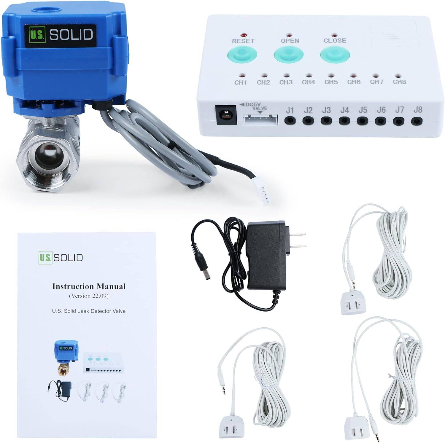 U.S. Solid Water Leak Detector with Auto Shut-Off Valve & Sound Alarm, 3/4" NSF Certified 304SS Motorized Ball Valve with 3 Sensors, Smart Sensor System for Water Heaters, Laundry