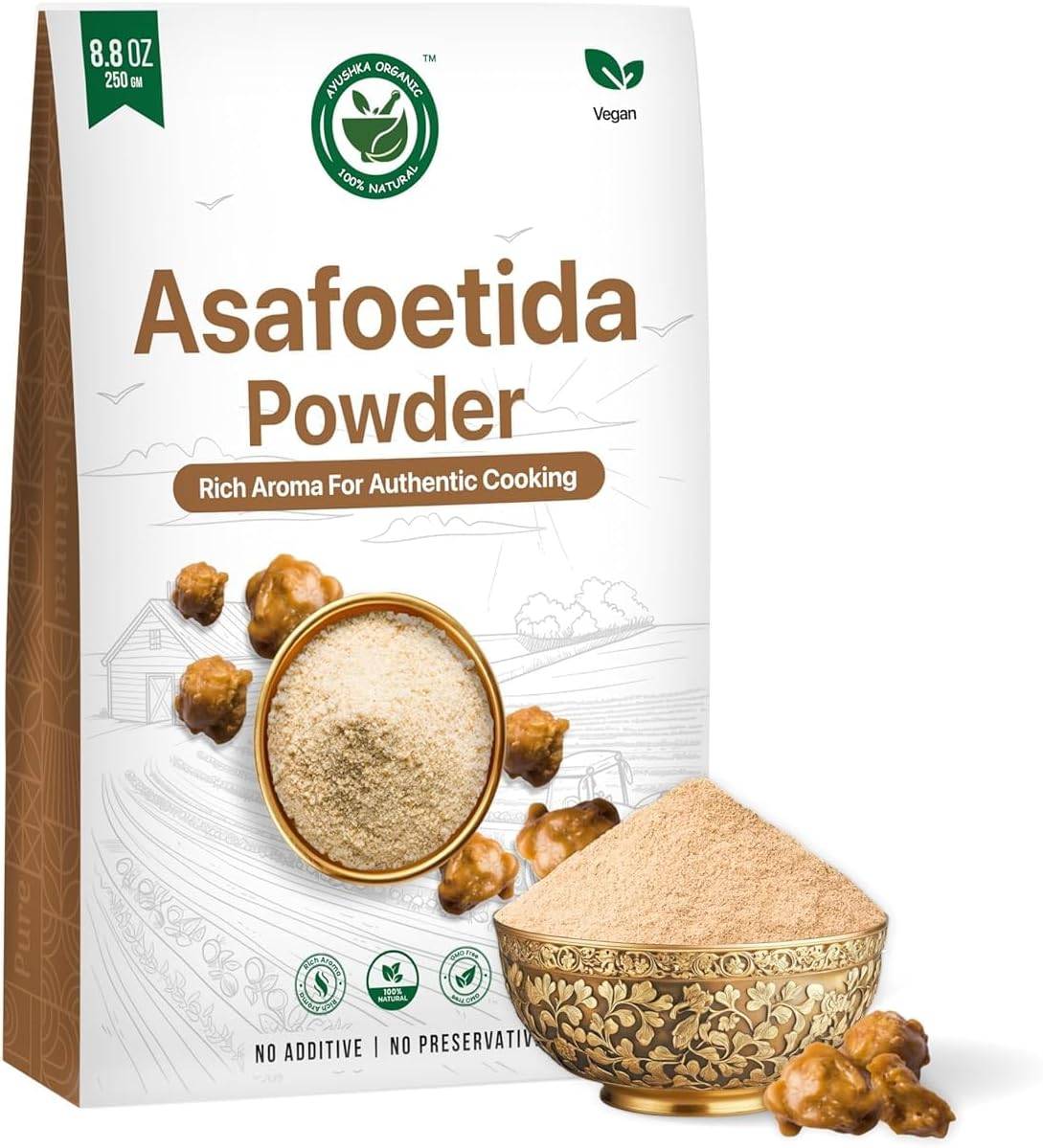 AYUSHKA ORGANIC Asafoetida Powder | Hing Spice, Asafetida, 8.8 Oz Healthy Digestive Aid, Best for Onion & Garlic Substitute
