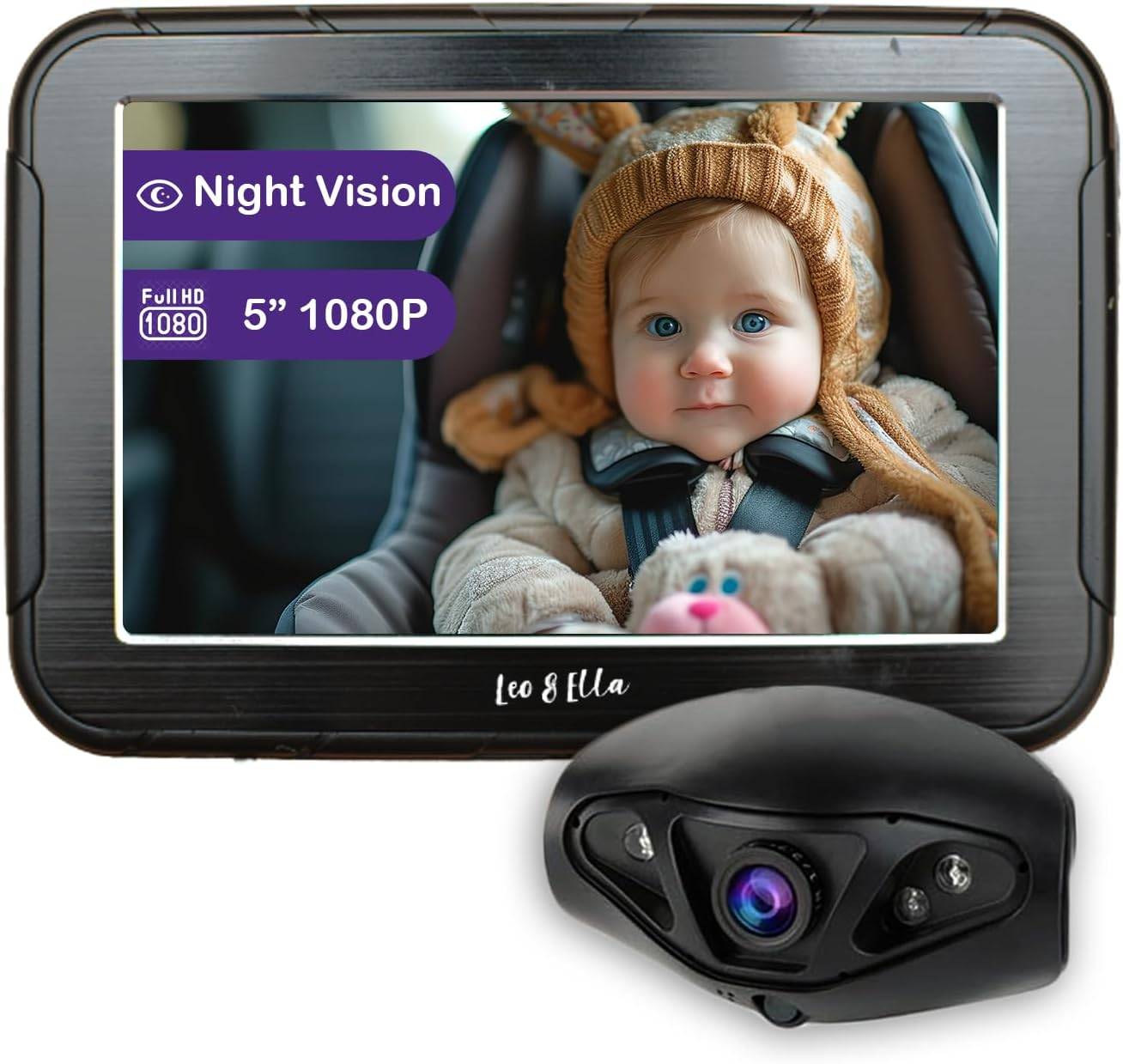 Leo&Ella Camio Wired Car Baby Camera & Monitor, Rear Facing Carseat in Backseat with night vision for infants, Safe Driving View with Night Vision, Easy Install, Universal Vehicle