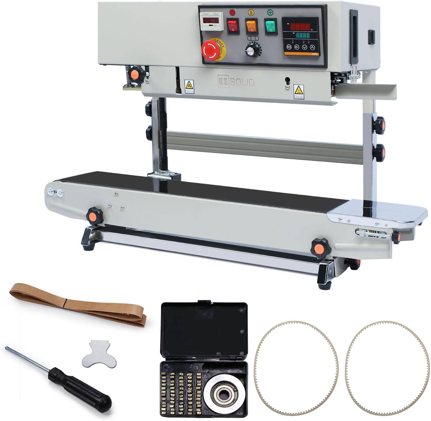 U.S. Solid Automatic Continuous Band Sealer with Stand - Industrial Bag Sealing Machine with Counter & Embossing Coder, 78.7ft/min High Speed, 110V Vertical Sealer for 0.031" PVC B