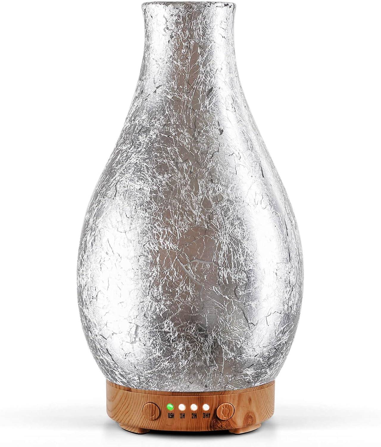 Porseme 100ml Silver-Plated Volcano Essential Oil Diffuser 3D Glass - Elegant and Effective Aromatherapy with 7 Color Changing LEDs and Waterless Auto-Off BPA Free for Home Yoga Le