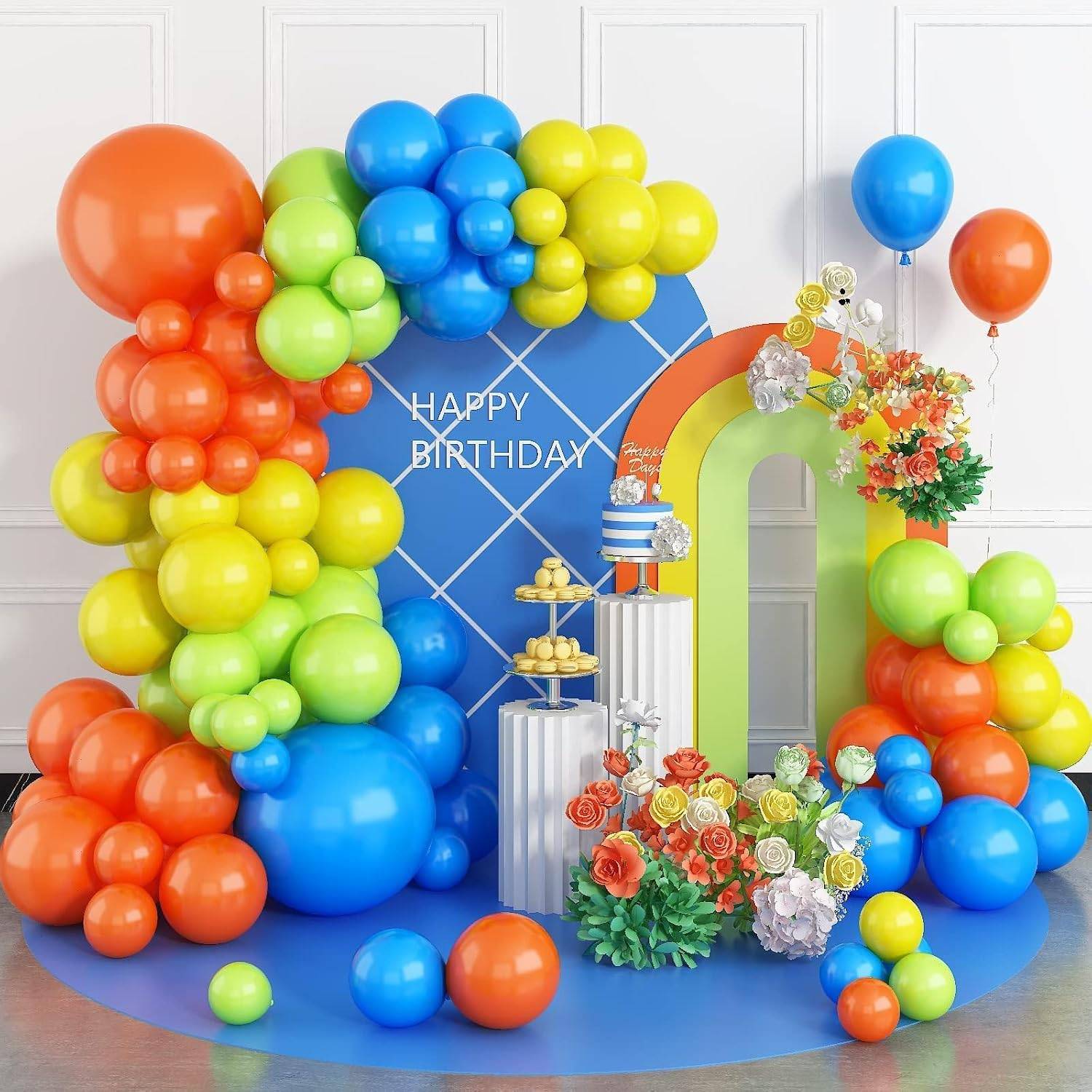 Blue Yellow Green Balloon Arch Kit, Colorful Latex Birthday Balloons Blue Yellow Orange Green 5 10 18 inch Party Balloons Garland Kit for Baby Shower Decorations Birthday Wedding G