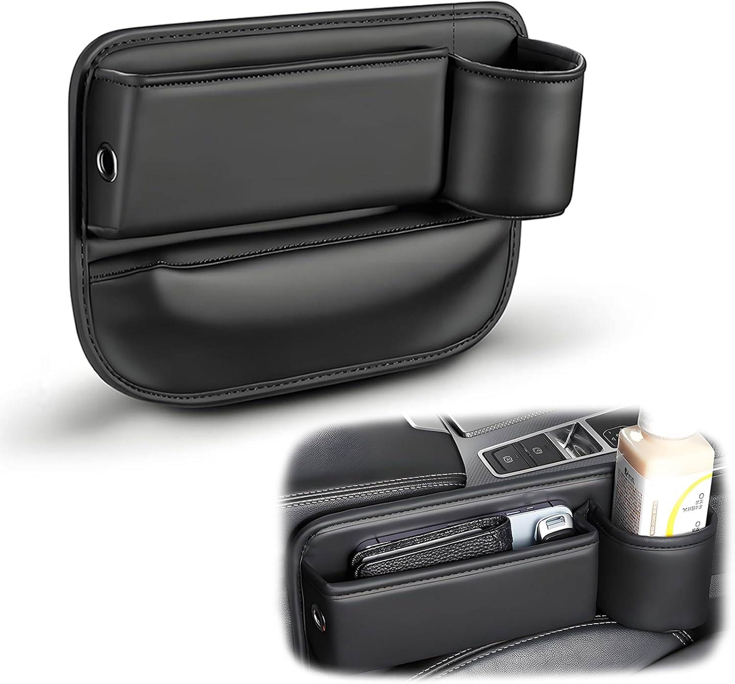 Car Seat Gap Filler Organizer, Universal Premium Leather Seat Organizer with Cup Holder, Seat Gap Storage Box with Bottle Holder, Car Leather Gap Bag Front Center Console Seat (Pas
