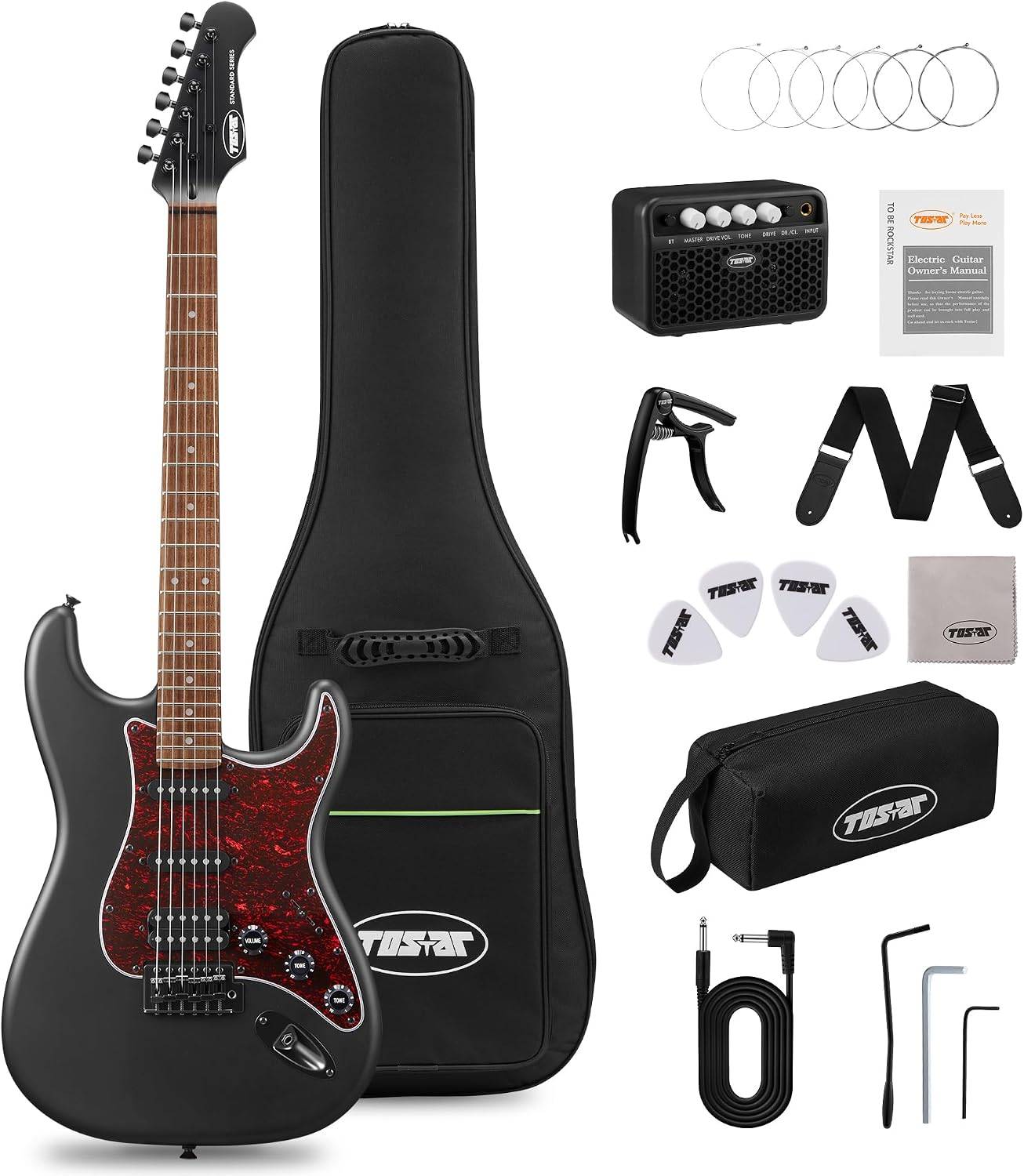 Tostar 39" HSS Electric Guitar Kit with Amp for Beginners-Matte Black