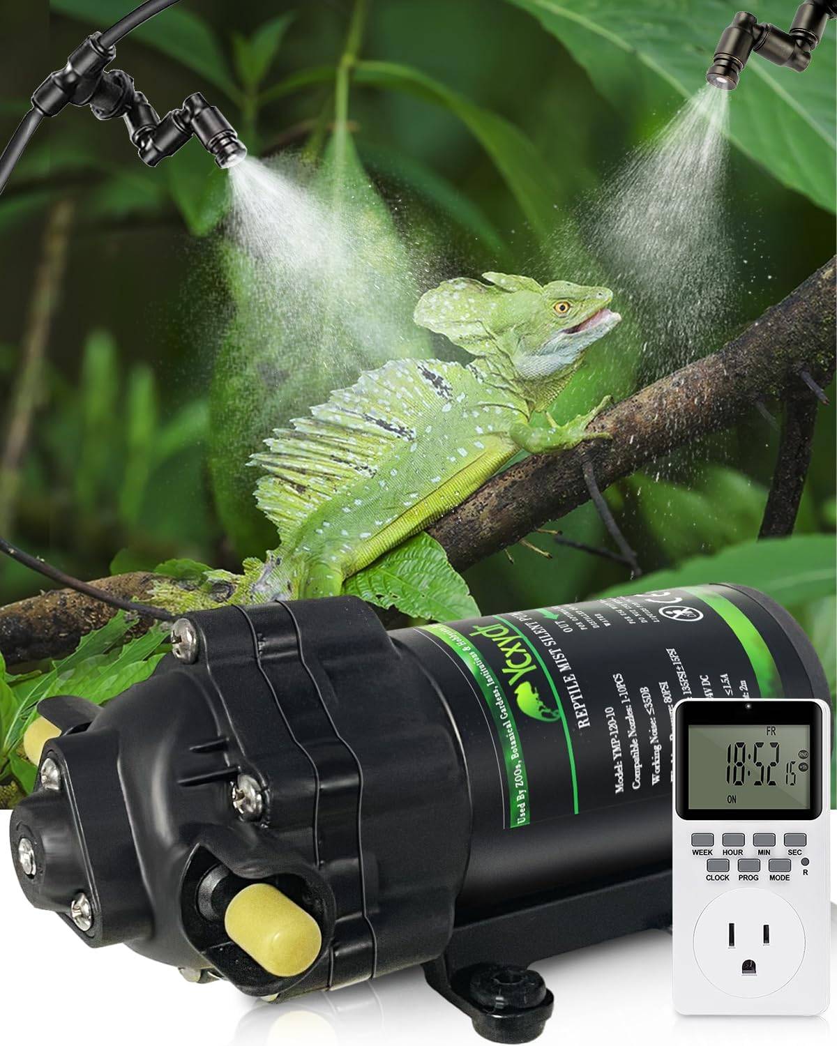 Automatic Reptile Mister System, Misting System with Timer, Reptile Humidifiers Quiet Pump Expandable to 10 Fine Mist Nozzles, Terrarium Mister with Programmable Timer Accurate to