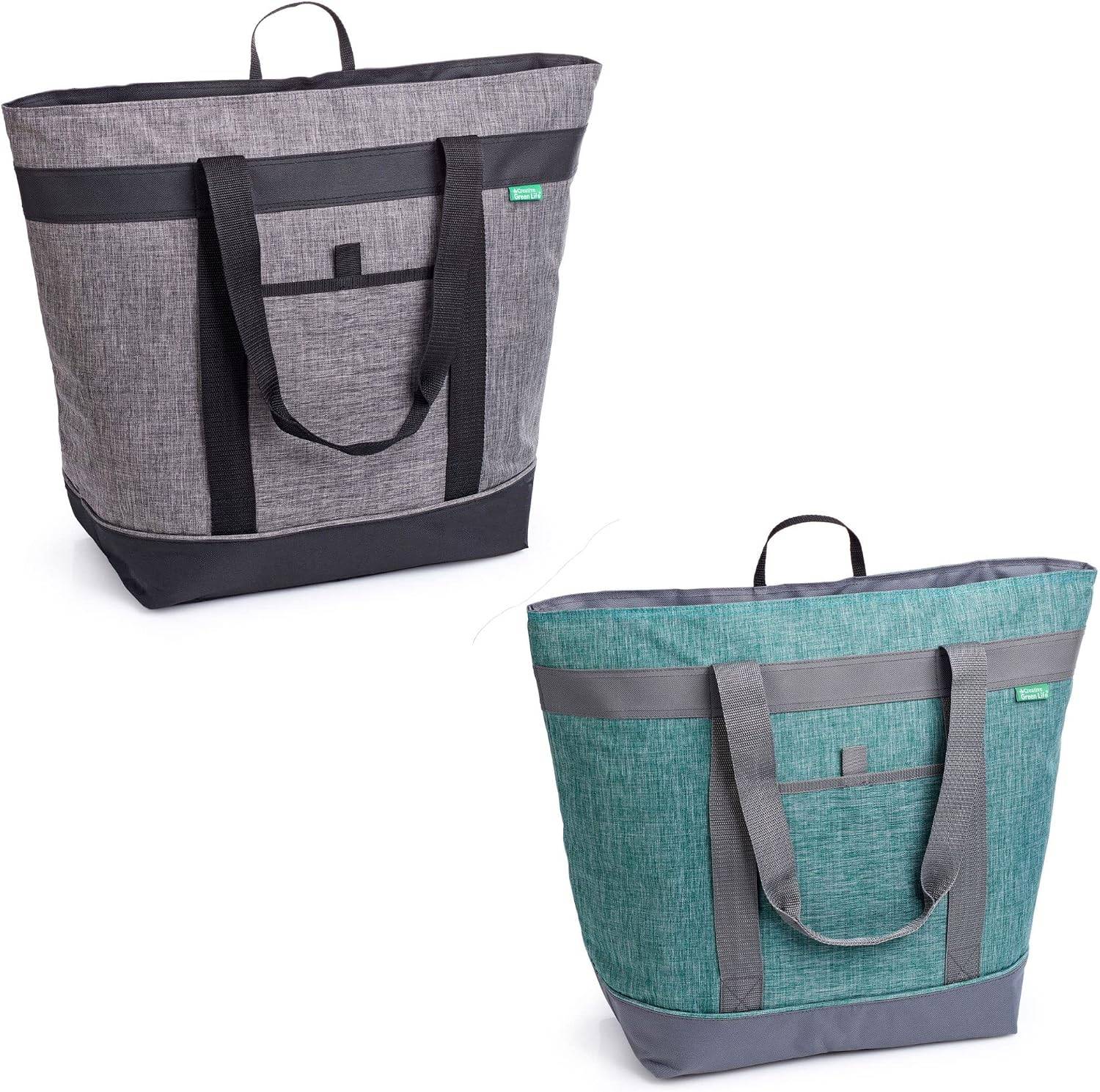 Jumbo Insulated Cooler Bag (2-Pack Charcoal, Green) with HD Thermal Insulation - Premium, Collapsible Soft Cooler Makes a Perfect Insulated Grocery Bag, Food Delivery Bag, Travel I