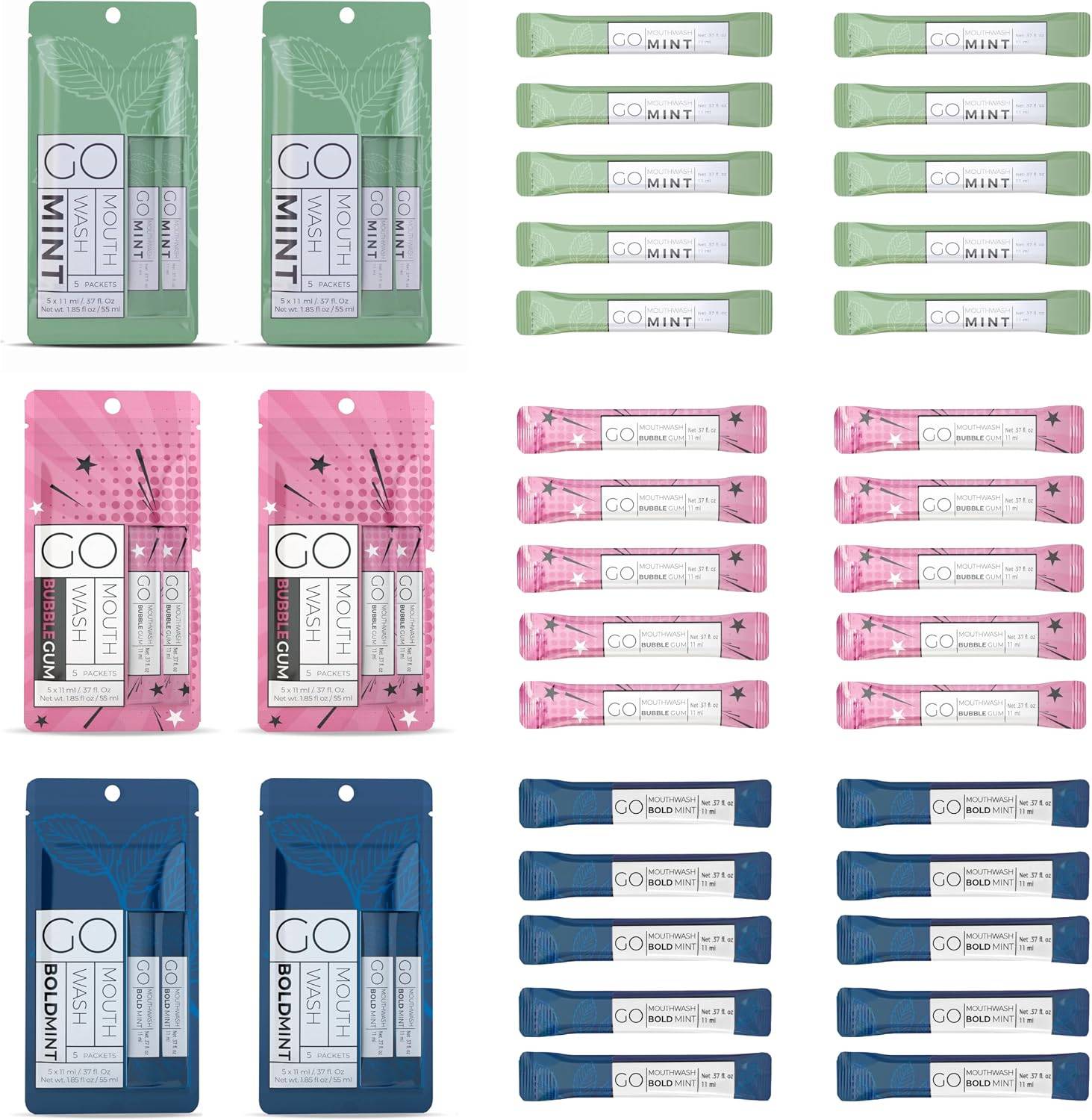 Bold Mint GO Travel Size Mouthwash Packets - Bulk Individual Mini Mouthwash Packets - Perfect Travel Size Toiletries for Guest Bathrooms - Alternative to Breath Strips and Spray, A