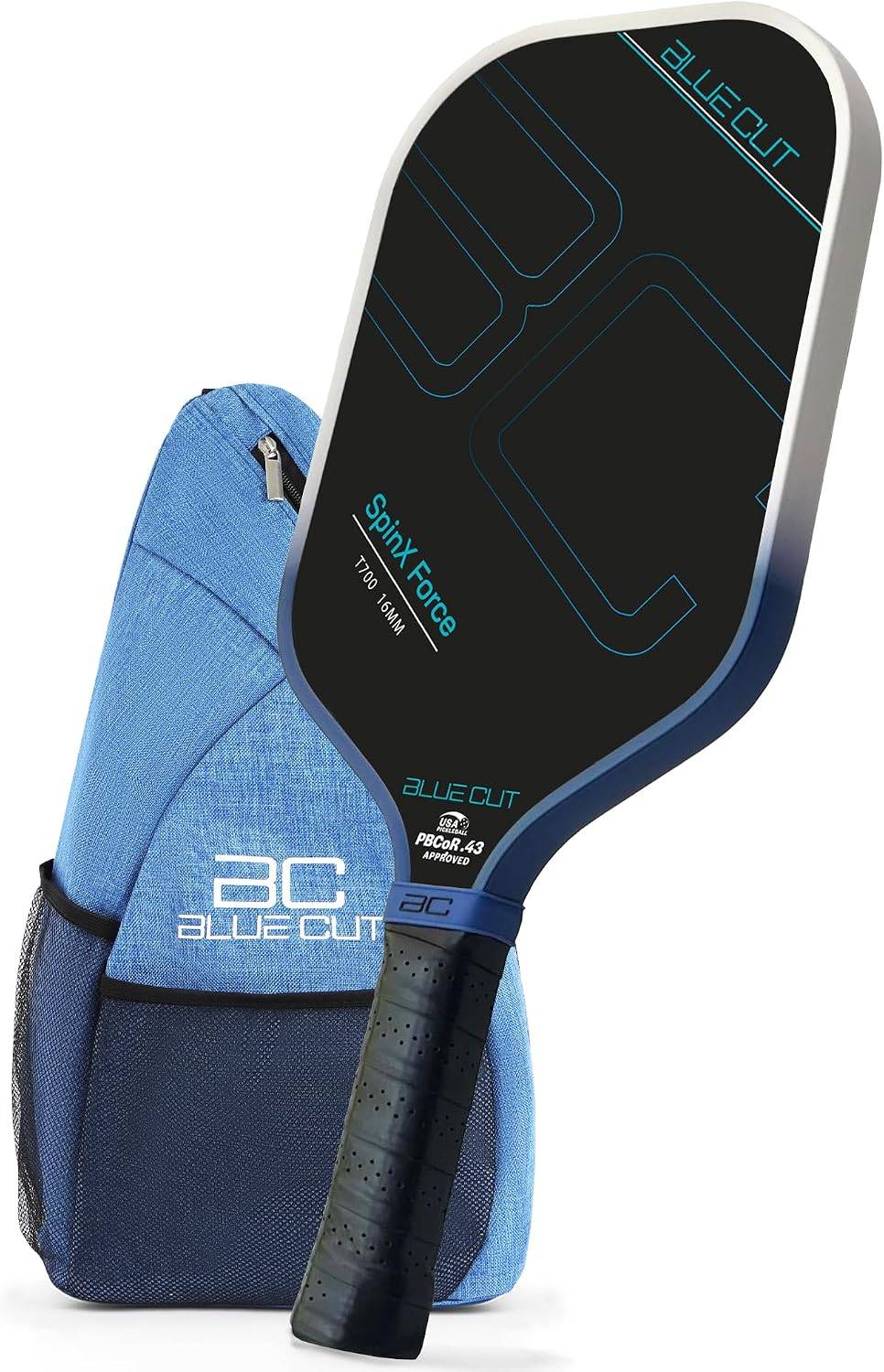 Blue Cut Pickleball Paddle – USAPA Approved Pickleball Paddles Racket with T700 Carbon Fiber, 16mm Honeycomb Core, Spin Surface, Pro Power Speed & Control – Includes Carry Bag