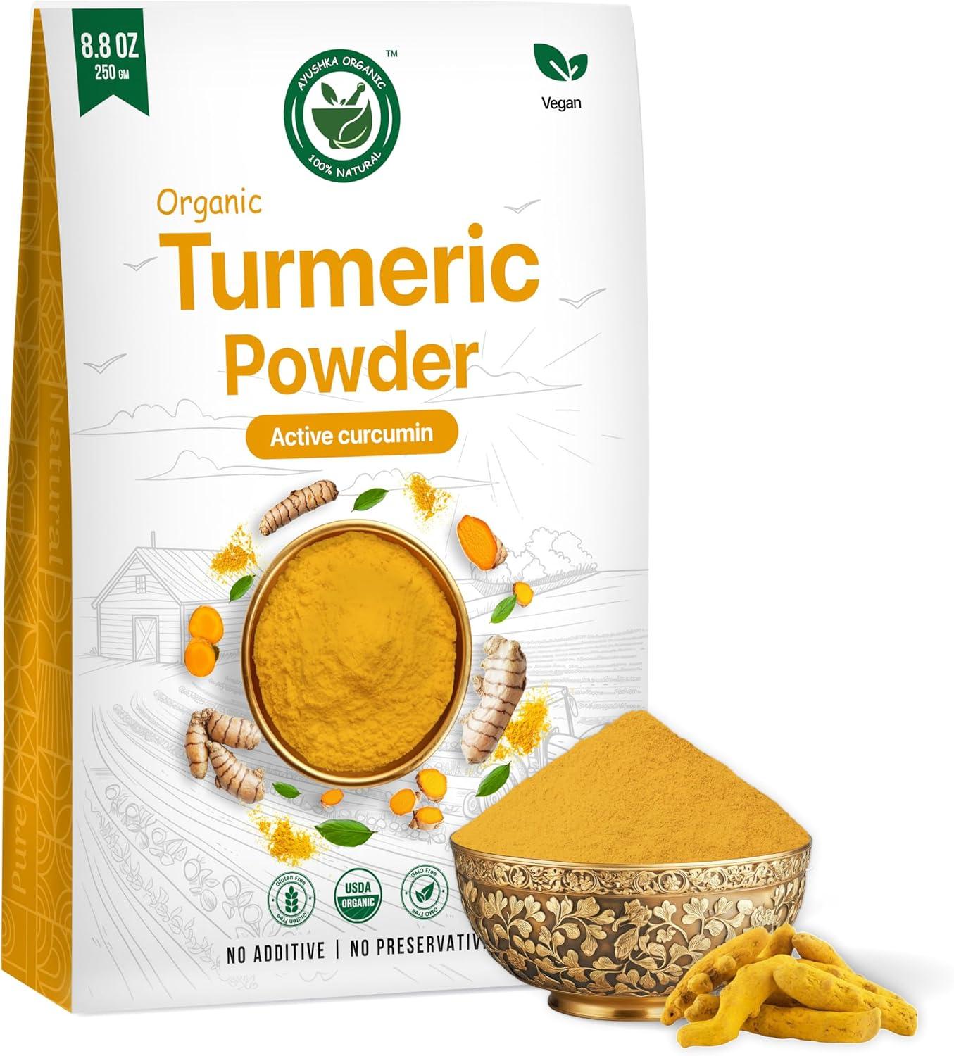 USDA ORGANIC Turmeric Powder | High Curcumin Root Powder | Ground Turmeric, 8.8 Oz | AYUSHKA ORGANIC
