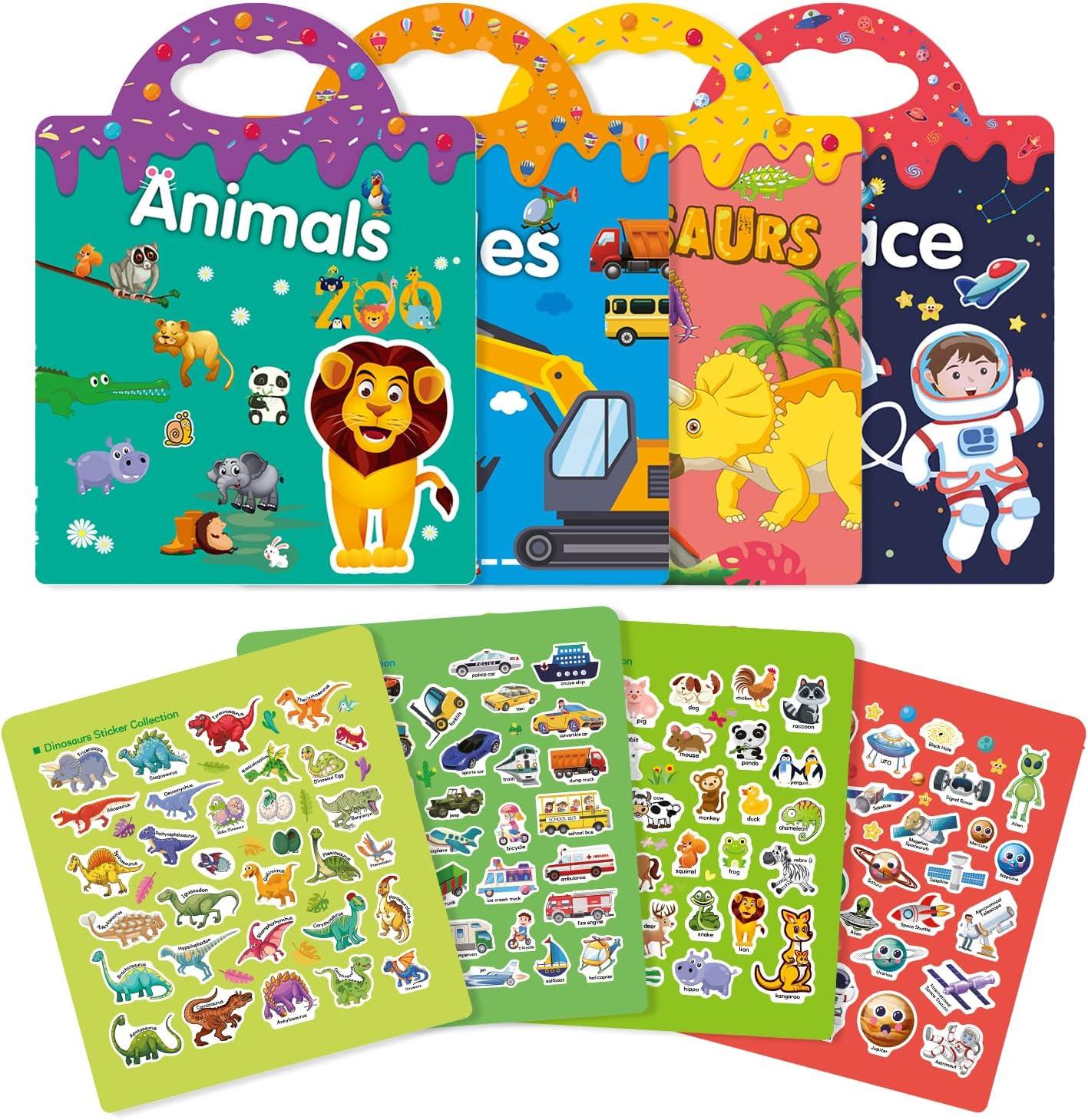 GUYUCOM Reusable 4-Set Sticker Books for Toddlers 3-4, Toy Stickers Pad Reusable Sticker Books for Toddlers 5-6 Fashion Activity, Birthday Gift Toy for Girl Boy(Animals, Dinosaurs,