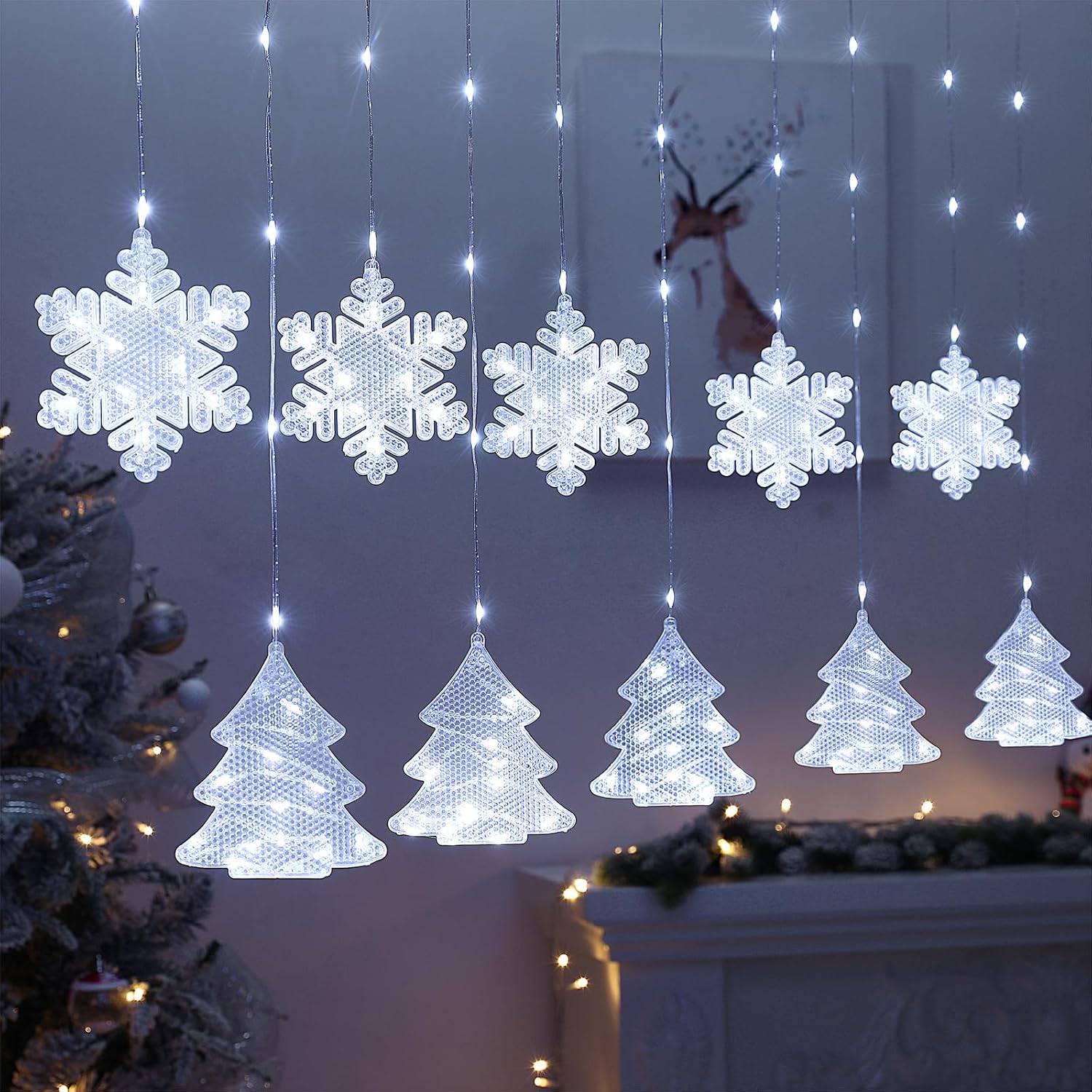 BLOOMWIN Christmas Window Lights Indoor - 2M 160 LED Christmas Window Decorations, Snowflake Curtain Hanging Fairy String Icicle Lights for Xmas Noel Bedroom Holiday Home Outdoor,