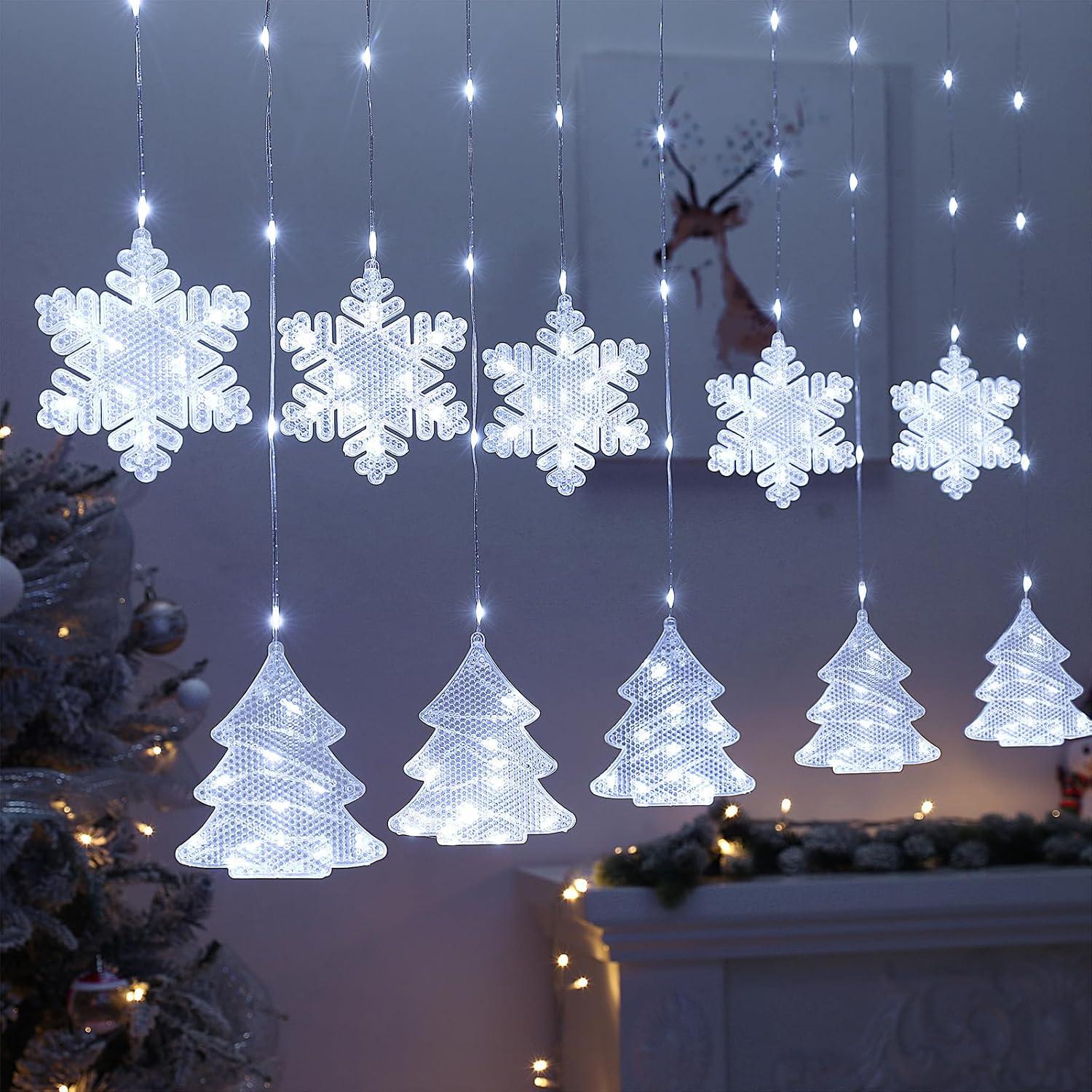 BLOOMWIN Christmas Window Lights Indoor - 2M 160 LED Christmas Window Decorations, Snowflake Curtain Hanging Fairy String Icicle Lights for Xmas Noel Bedroom Holiday Home Outdoor,