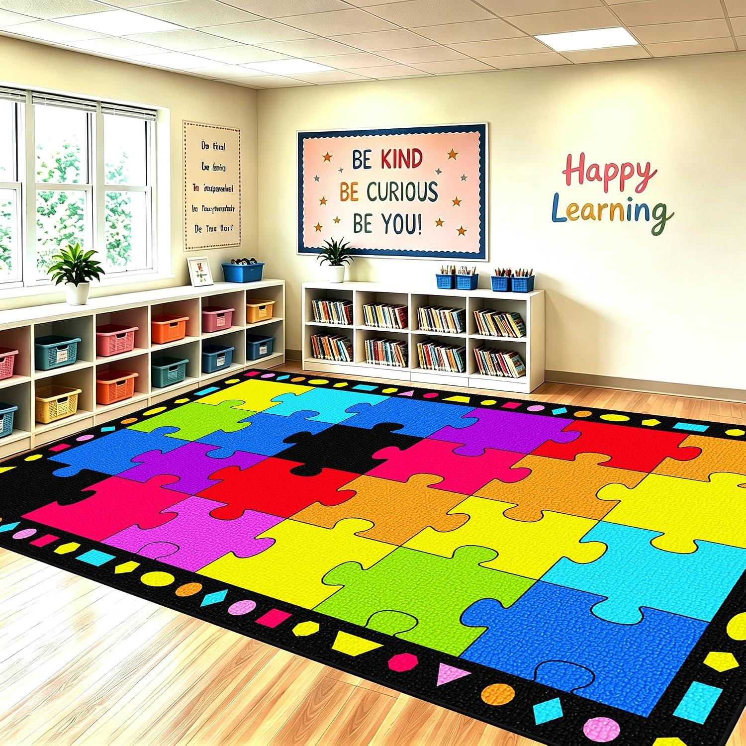 Booooom Jackson Colorful Rainbow Classroom Rug - 7'6" x 13'1" Large Carpet with 24 Spots for Preschool, Elementary, Daycare - Non-Slip Backing, Seating Squares for Circle Time & Re