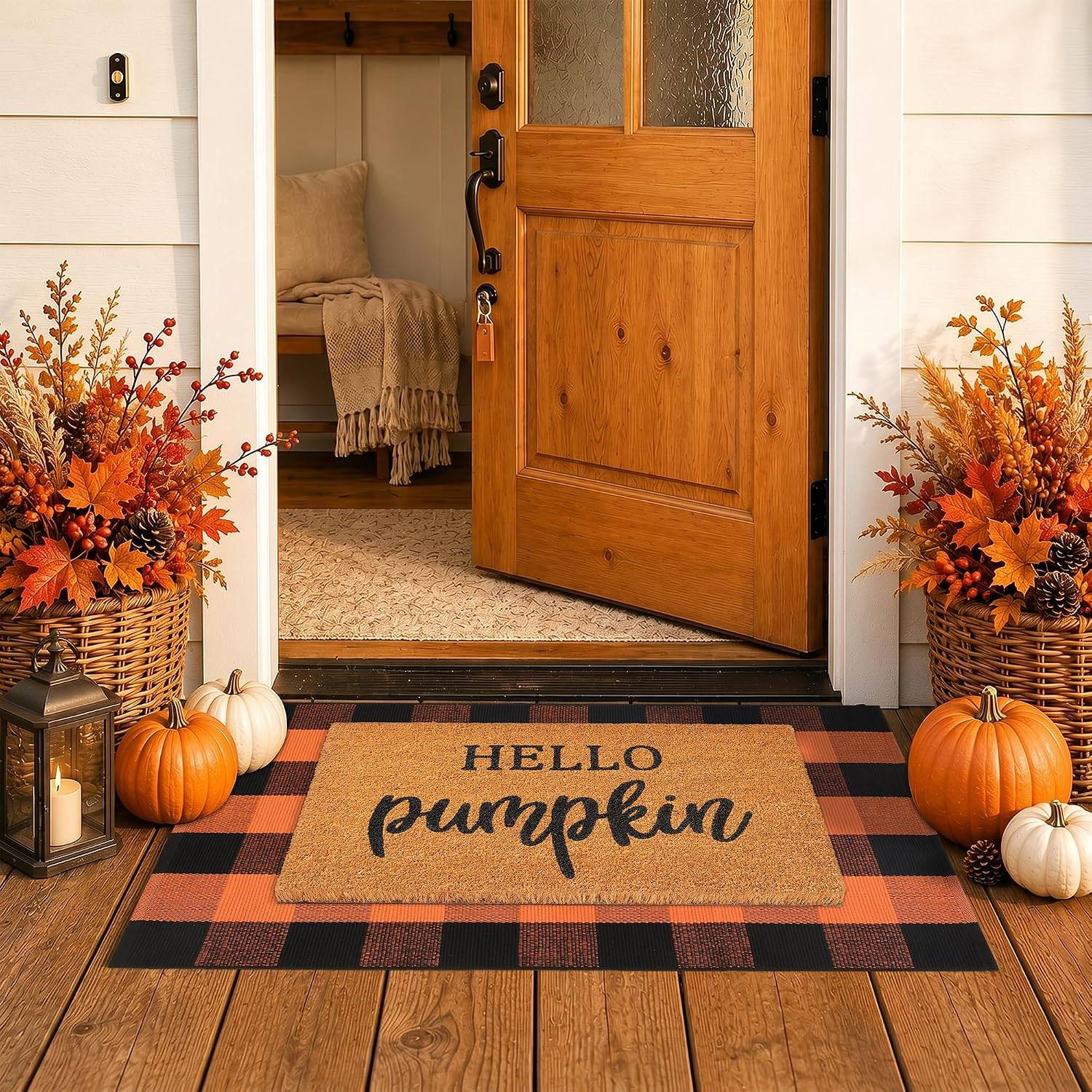 Fall Decor Door Mat Combo Set, 100% Coco Coir Welcome Mat + 28 x 43 Inches Orange and Black Plaid Rug- Fall Thanksgiving Front Porch Entryway Floor Doormat, Indoor Outdoor Autumn M