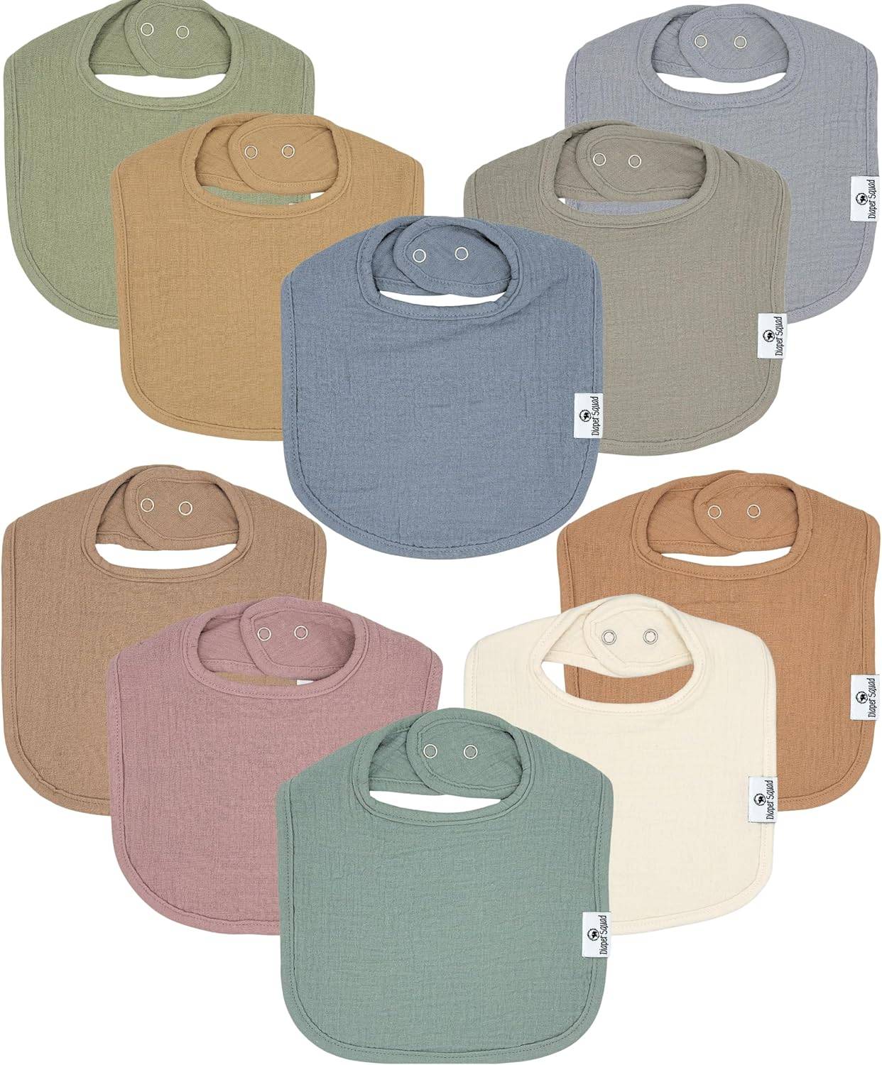 Diaper Squad 10-Pack Organic Muslin Cotton Baby Bibs for Baby Boy, Girl