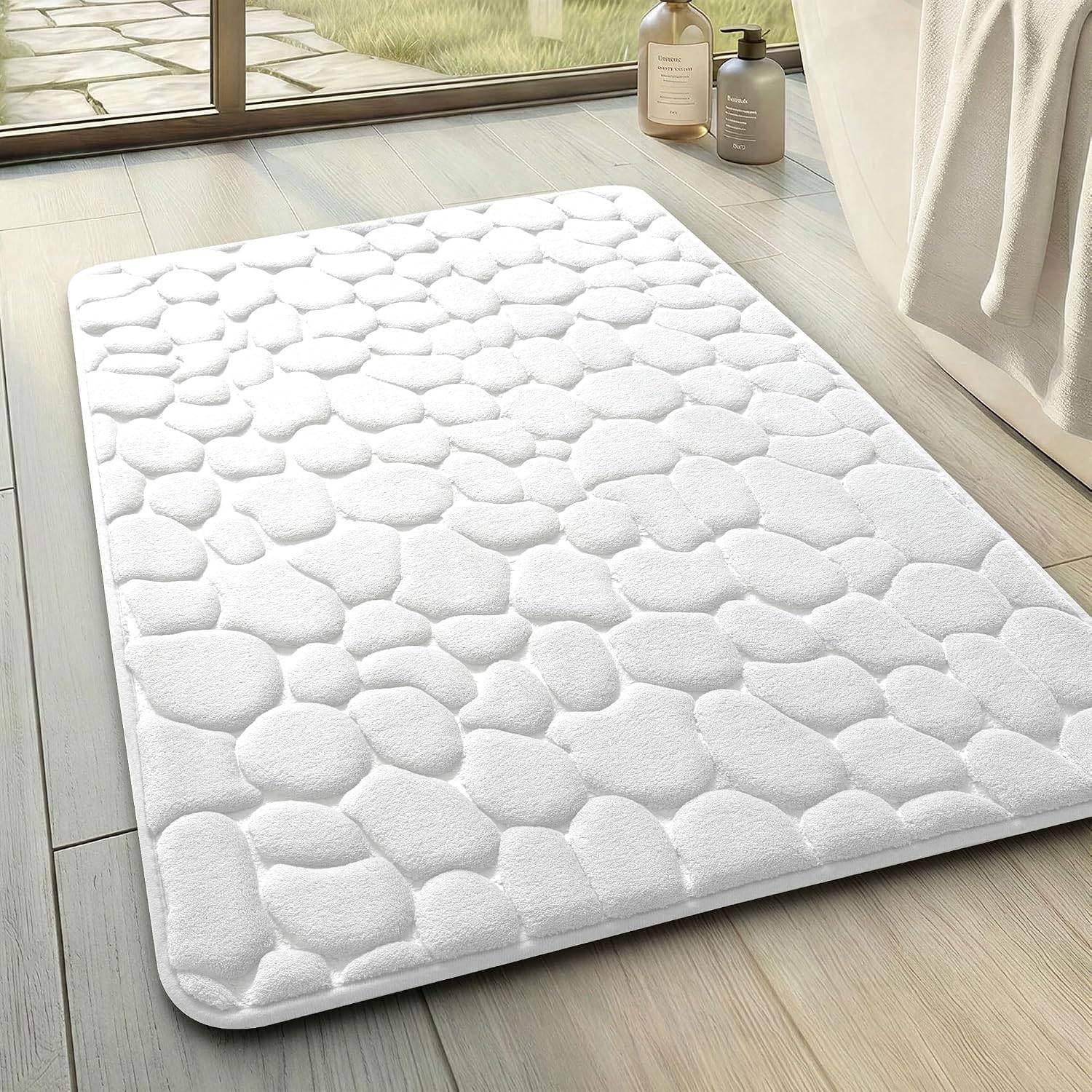YIHOUSE Memory Foam Bath Mat Cobblestone Bathroom Rugs Super Water Absorbent Bath Mats for Bathroom Machine Washable Bath Rugs(17 x 24,White)